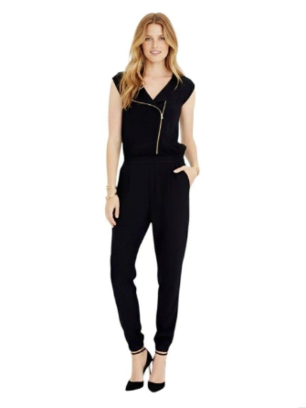 J. Crew Black Asymmetrical Zip Elastic Waist Jogger Ankle Jumpsuit Size 6